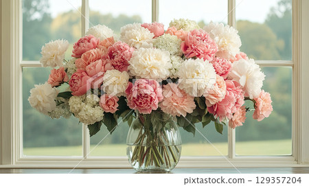 Large luxurious bouquet pastel peonies hydrangeas vase window. Mother, Women's, Valentine Day Large luxurious bouquet pastel peonies hydrangeas vase window. Mother, Women's, Valentine Day 129357204