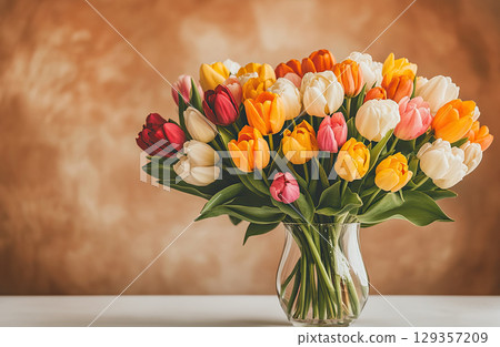 Colorful tulips in glass vase on yellow background with minimal style, frame, place for text Colorful tulips in glass vase on yellow background with minimal style, frame, place for text 129357209