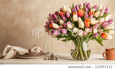 Colorful tulips in glass vase on yellow background with minimal style, frame, place for text 129357211