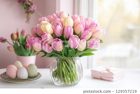 Colorful tulips in glass vase Easter eggs on pink background minimal style, frame, place for text Colorful tulips in glass vase Easter eggs on pink background minimal style, frame, place for text 129357219