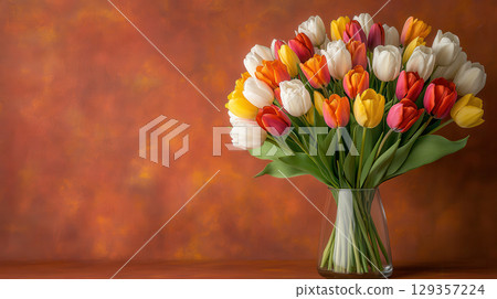 Colorful tulips in glass vase on yellow background with minimal style Colorful tulips in glass vase on yellow background with minimal style 129357224