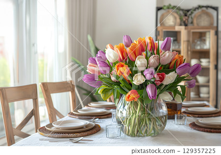 Vibrant tulip bouquet in glass vase on dining table with warm sunlight Vibrant tulip bouquet in glass vase on dining table with warm sunlight 129357225