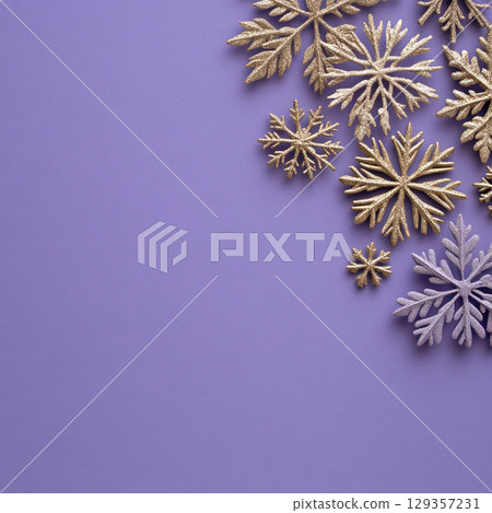 Merry Christmas, Happy New Year. Purple violet background golden white Christmas snowflakes close up 129357231