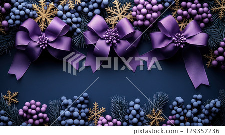Holiday Merry Christmas, Happy New Year. Dark, gold, violet background, flat top view, luxury ribbons Holiday Merry Christmas, Happy New Year. Dark, gold, violet background, flat top view, luxury ribbons 129357236
