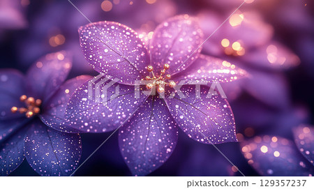 Merry Christmas, Happy New Year. Purple violet background golden Christmas flower Poinsettias 129357237