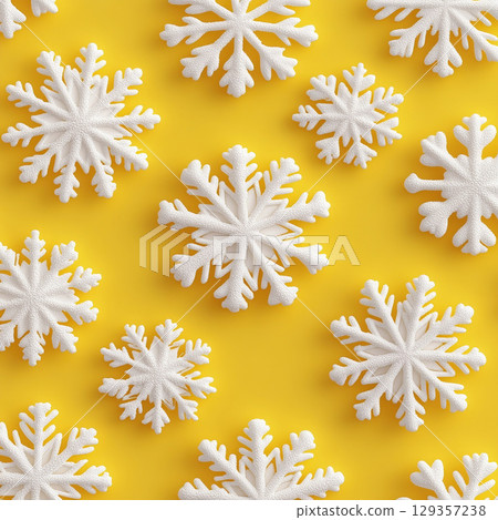 Merry Christmas, Happy New Year. yellow background white Christmas snowflakes close up Merry Christmas, Happy New Year. yellow background white Christmas snowflakes close up 129357238