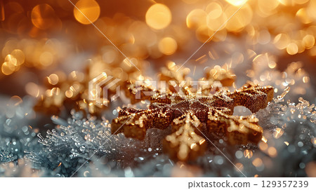 Merry Christmas, Happy New Year. Glitter yellow background golden Christmas snowflakes close up 129357239