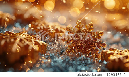 Merry Christmas, Happy New Year. Glitter yellow background golden Christmas snowflakes close up 129357241