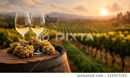 Panorama wine with grapes barrel sunny vineyard background. Seasonal grape background, harvest 129357265