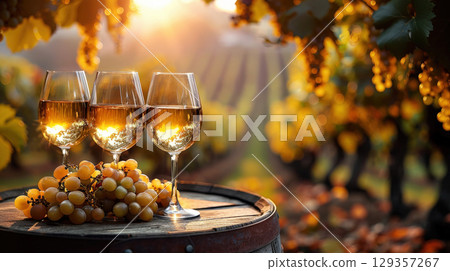 Panorama wine with grapes barrel sunny vineyard background. Seasonal grape background, harvest Panorama wine with grapes barrel sunny vineyard background. Seasonal grape background, harvest 129357267