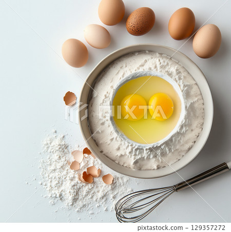Bowl with raw eggs and flour on white background with eggshells and herbs Bowl with raw eggs and flour on white background with eggshells and herbs 129357272