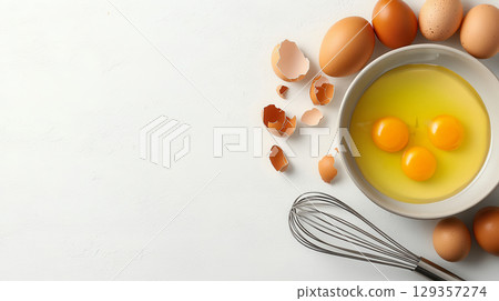 Bowl with raw eggs and flour on white background with eggshells and herbs Bowl with raw eggs and flour on white background with eggshells and herbs 129357274