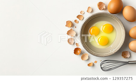 Bowl with raw eggs and flour on white background with eggshells and herbs Bowl with raw eggs and flour on white background with eggshells and herbs 129357275