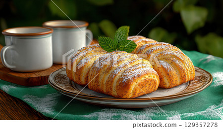 Cinnamon rolls with poppy seeds on plate and cup of coffee on rustic wooden table 129357278