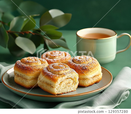 Cinnamon rolls with poppy seeds on plate and cup of coffee on rustic wooden table Cinnamon rolls with poppy seeds on plate and cup of coffee on rustic wooden table 129357280