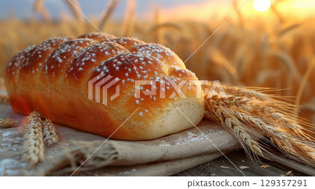Bread placed rustic wooden table ears wheat, field background. Seasonal panorama background harvest Bread placed rustic wooden table ears wheat, field background. Seasonal panorama background harvest 129357291