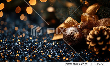 Holiday Merry Christmas, Happy New Year. Dark, gold, black background, flat top view, luxury ribbons Holiday Merry Christmas, Happy New Year. Dark, gold, black background, flat top view, luxury ribbons 129357298