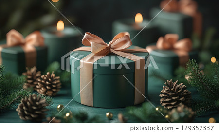 Merry Christmas, New Year. Luxury green round gift boxes, Christmas tree branches, banner, pine cone Merry Christmas, New Year. Luxury green round gift boxes, Christmas tree branches, banner, pine cone 129357337
