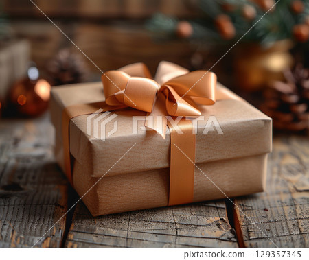 Craft cardboard gift boxes natural ribbon bow celebration copy space, pine cone, Christmas, New Year 129357345