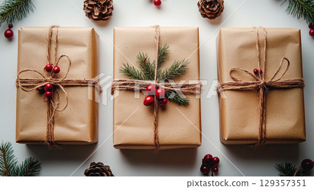 Merry Christmas New Year, cardboard gift boxes natural ribbon bow celebration, copy space, pine cone 129357351