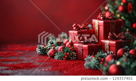 Merry Christmas, Happy New Year, craft red gift box, green background. Flat lay, copy space, banner Merry Christmas, Happy New Year, craft red gift box, green background. Flat lay, copy space, banner 129357401