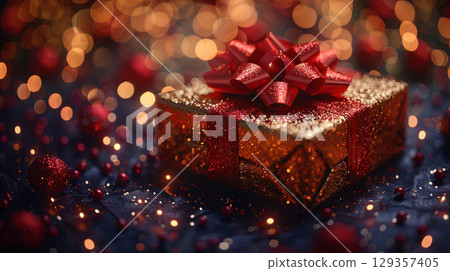 Merry Christmas, Happy New Year, craft red gift box, green background. Flat lay, copy space, banner Merry Christmas, Happy New Year, craft red gift box, green background. Flat lay, copy space, banner 129357405