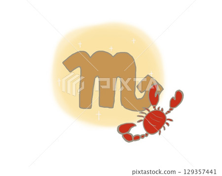 蝎子的插圖和 12 個星座的象徵天蠍座，閃耀著金色 129357441