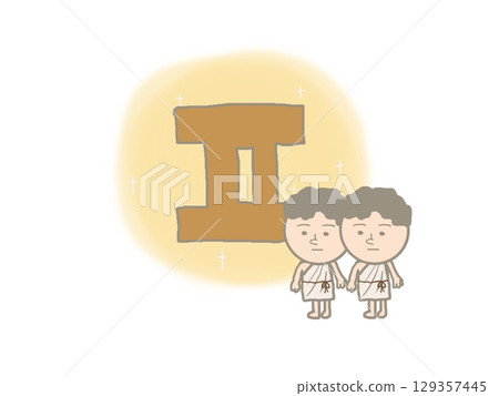 Illustration of twins lined up with the 12 zodiac signs of Gemini shining in gold 129357445