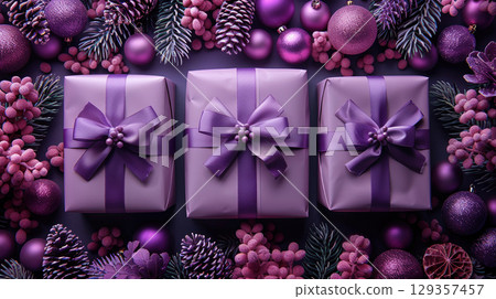 Closeup craft yellow gift box purple holiday background, copy space, banner Merry Christmas New Year 129357457