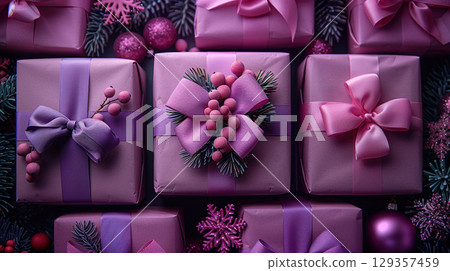 Closeup craft yellow gift box purple holiday background, copy space, banner Merry Christmas New Year Closeup craft yellow gift box purple holiday background, copy space, banner Merry Christmas New Year 129357459