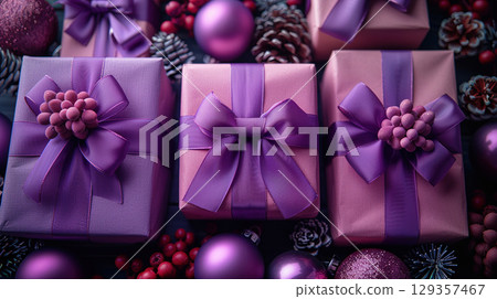 Closeup craft yellow gift box purple holiday background, copy space, banner Merry Christmas New Year Closeup craft yellow gift box purple holiday background, copy space, banner Merry Christmas New Year 129357467