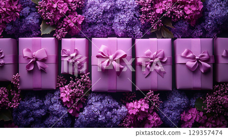 Closeup craft yellow gift box purple holiday background, copy space, banner Merry Christmas New Year 129357474
