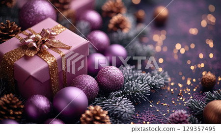 Closeup craft yellow gift box purple holiday background, copy space, banner Merry Christmas New Year 129357495