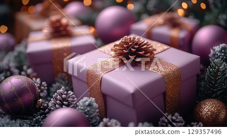 Closeup craft yellow gift box purple holiday background, copy space, banner Merry Christmas New Year 129357496