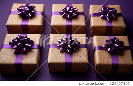 Closeup craft yellow gift box purple holiday background, copy space, banner Merry Christmas New Year 129357505
