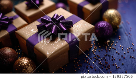Closeup craft yellow gift box purple holiday background, copy space, banner Merry Christmas New Year 129357506