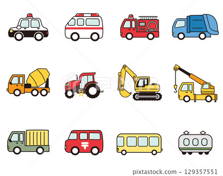 Cute icon set of working vehicles 129357551