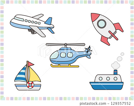 一組可愛的空中和水上飛行器插圖 129357552