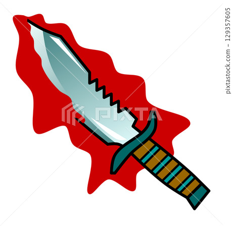 一幅可怕的插圖,描繪了一把帶血的求生刀,在謀殺現場被用作凶器 一幅可怕的插圖,描繪了一把帶血的求生刀,在謀殺現場被用作凶器 129357605