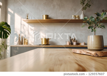 Modern minimalist kitchen with spacious layout, generated AI Modern minimalist kitchen with spacious layout, generated AI 129357607