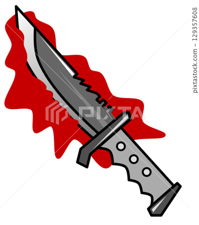 A scary illustration of a bloody survival knife used as a murder weapon at a murder scene 129357608