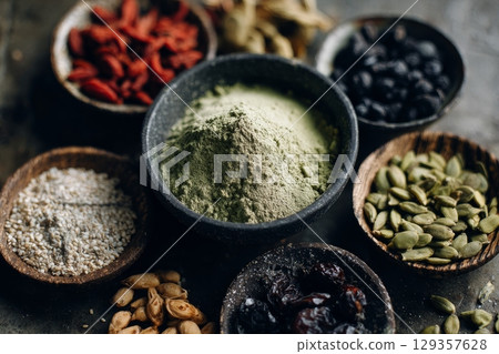 Plant based protein food (legumes, lentils, beans, seeds) and Healthy dry Pea Protein Powder, generated AI 129357628