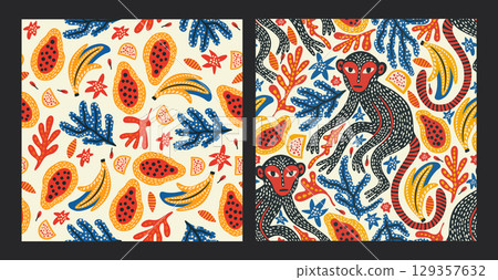 Whimsical Monkey Exotic Vintage Seamless Pattern Background Set Tropical Jungle Wild Boho Vector Collection 129357632