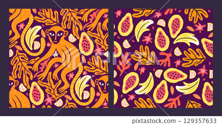 Whimsical Monkey Exotic Vintage Seamless Pattern Background Set Tropical Jungle Wild Boho Vector Collection Whimsical Monkey Exotic Vintage Seamless Pattern Background Set Tropical Jungle Wild Boho Vector Collection 129357633