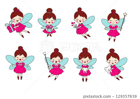 Bright Tooth Fairy Clipart Set With Pink Dress And Blue Wings In Cute Hand-Drawn Vector 129357639