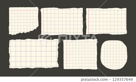 Greed Paper Lined Torn Sheet Notebook Ripped Background Set Vector Grid Note Retro Page Collection 129357649