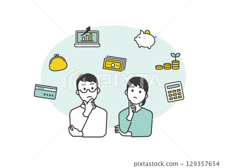 Illustration of men and women thinking about household finances and money management Illustration of men and women thinking about household finances and money management 129357654