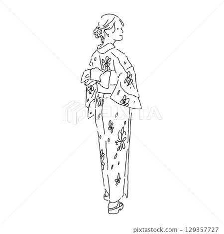 身穿浴衣、帶著溫柔微笑的女性的線條插畫(背影) 身穿浴衣、帶著溫柔微笑的女性的線條插畫(背影) 129357727