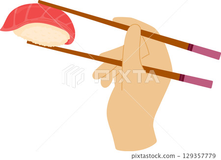 Cartoon hand holds chopsticks with tuna sushi. Japanese cuisine, traditional food isolated on white background Cartoon hand holds chopsticks with tuna sushi. Japanese cuisine, traditional food isolated on white background 129357779
