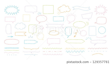 Speech bubble, arrows and underlined strokes crayon outline pastel color collection, cartoon doodle text box vector set Speech bubble, arrows and underlined strokes crayon outline pastel color collection, cartoon doodle text box vector set 129357781